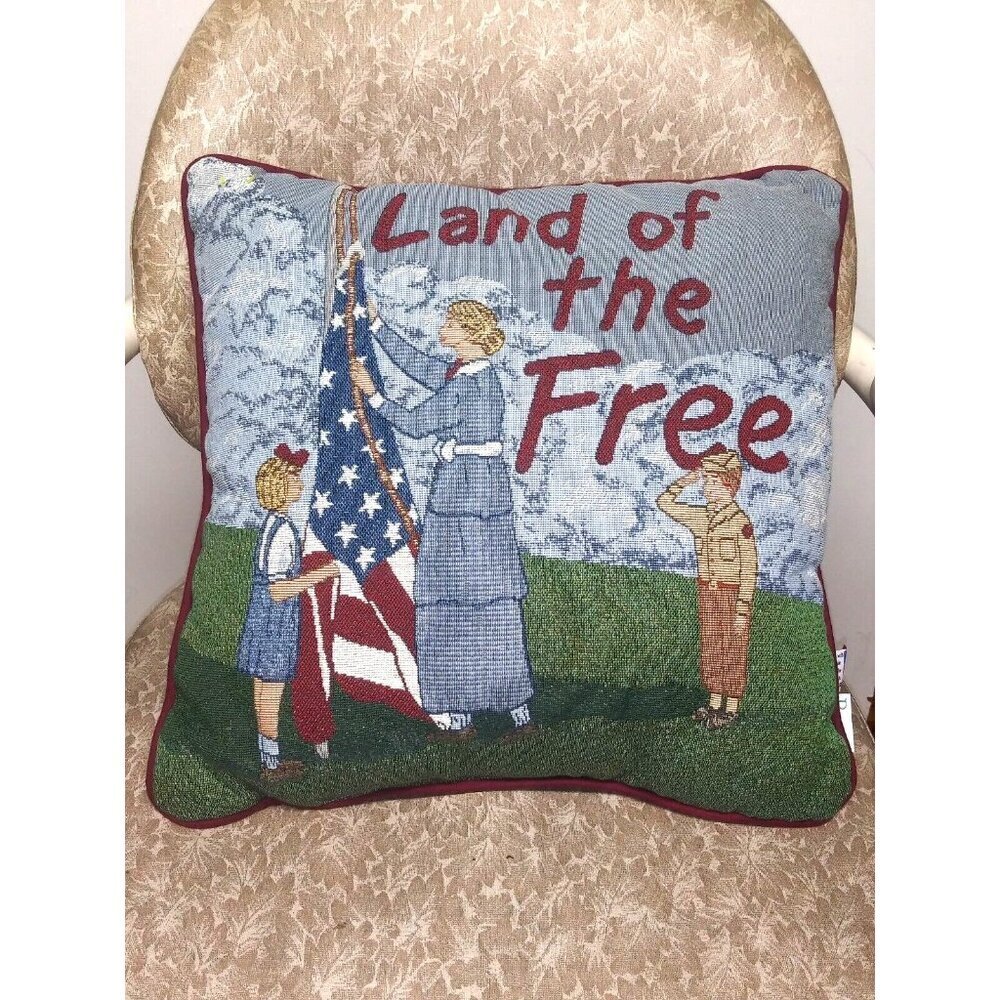 Vtg Riverdale Throw Pillow PATRIOTIC LAND-OF-THE-FREE Tapestry RARE HTF pretty - Picture 2 of 7